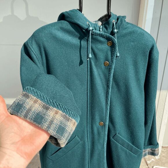 Vintage 80s Herman Kay Forest Green Plaid Hooded Wool Winter Coat, SZ 8 - Picture 9 of 10